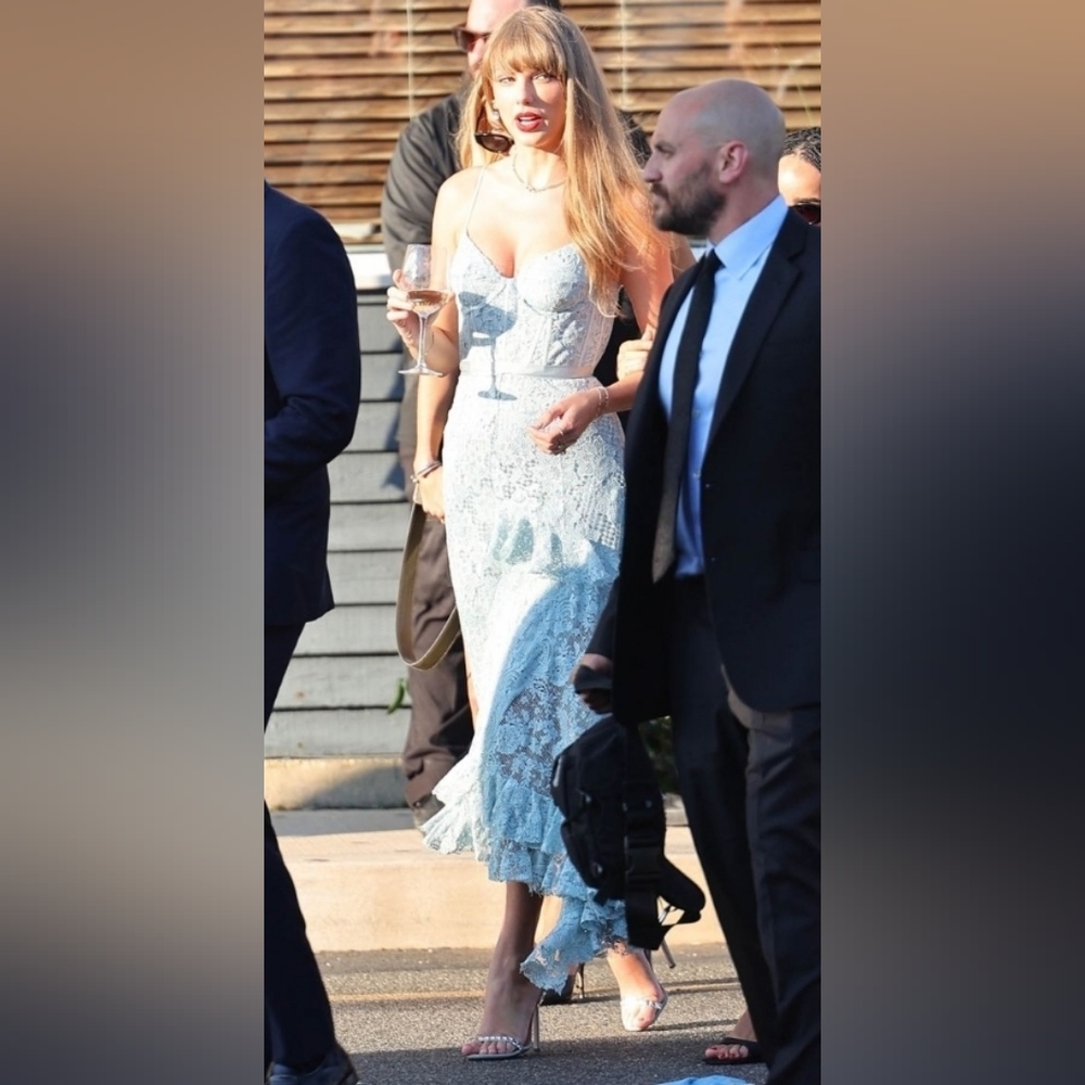 Taylor Swift Baby Blue Lace Ruffled Maxi Dress